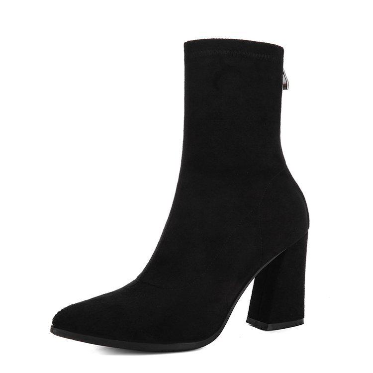 "2022 Early Spring European/American Knitted Elastic Boots: Mid-Tube Skinny Socks, Pointed High Heeled, Thick Short Women's Boots"