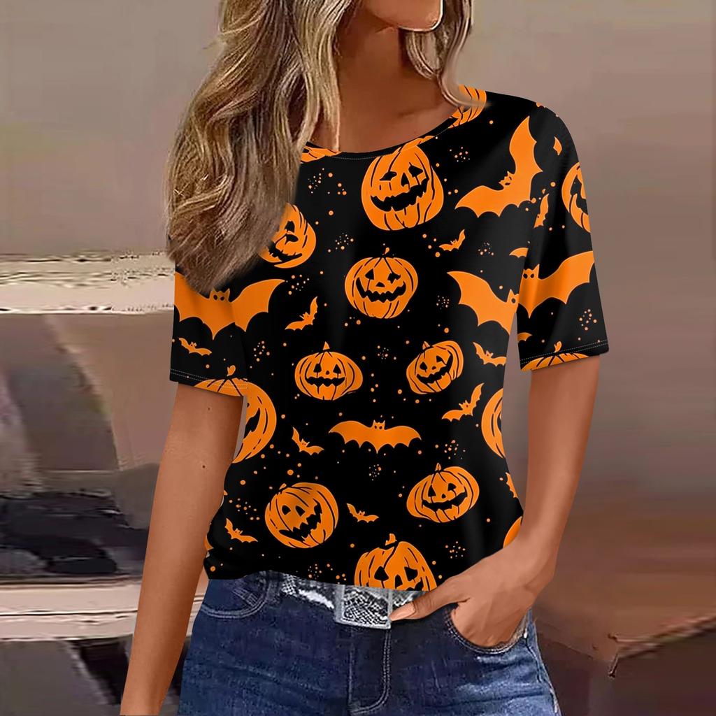 Women's Casual Short Sleeve Pullover Top Halloween Pumpkin Bat Print Round Neck Fashionable Relaxed Fit Shirt for Everyday Wear