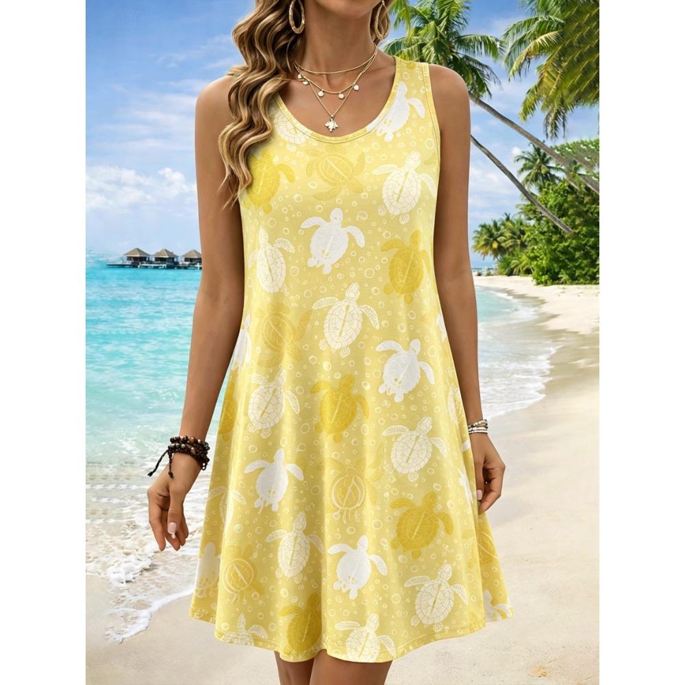 Women's Round Neck Sleeveless Whale Print Casual A-Line Mini Dress, Beach Tank Dresses for Spring & Summer