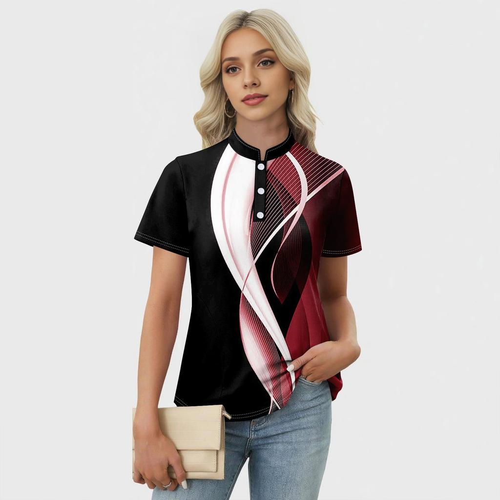 Women's Casual Floral Print V-Neck Short Sleeve Decorative Button T-Shirt Top