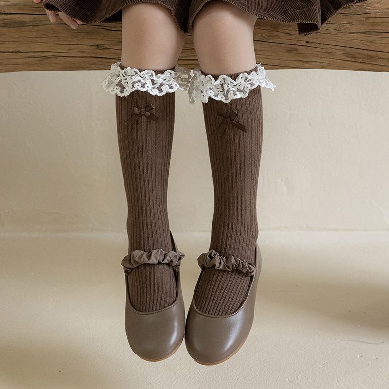 Girls' Tube Socks Japanese Lolita Lace Bow Pile Pile Socks Ballet Style Double Needle Children's Cotton Socks