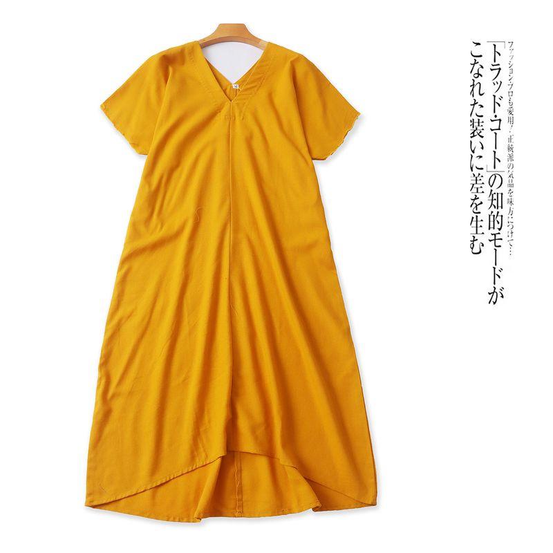 

Dress Summer New Foreign Trade Women clothes Simple Loose V-neck Pullover Short sleeve Solid Straight Midi dress 32023 Yellow B- 10-1-1 M