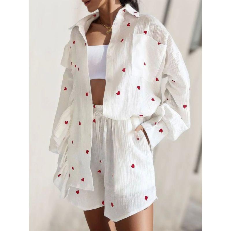 Ruffled Heart Shirt Casual Set Ruffles Heart Shirt Casual Shorts Suit