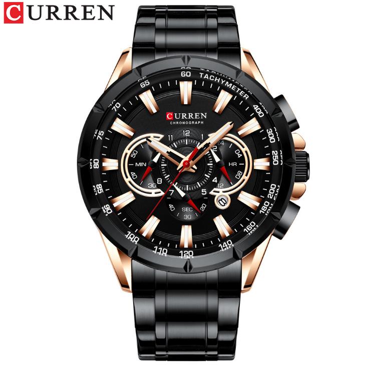 CURREN 8363 Men's Waterproof Quartz Steel Band Watch with Multifunctional Seven-Needle Design and Calendar/Weekday Display.