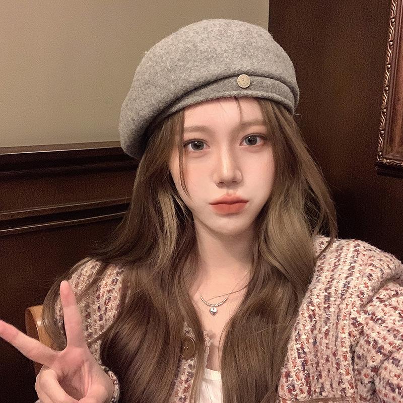 White wool beret woolen hat autumn and winter women's versatile face small painter hat women's high sense