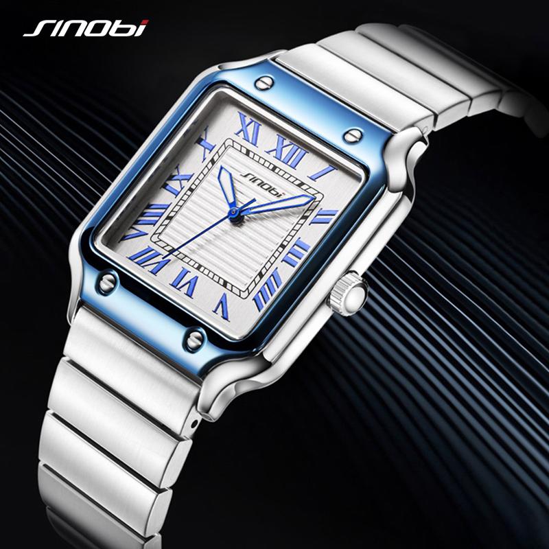 SINOBI Casual Design Men's Quartz Watches Fashion Stainless Steel Man's Wristwatches Business Square Clock
