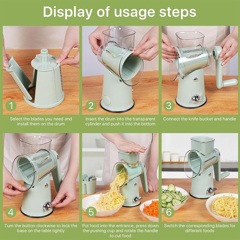 5 In 1 Rotary Cheese Grater with Handle Kitchen Vegetable Cutter Slicer Round Mandoline Drum Slicer with Suction Base JT435