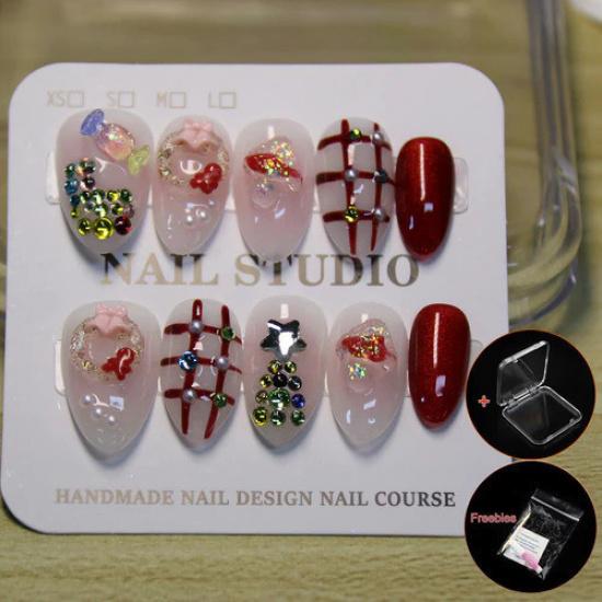 100% HANDMADE Short Almond Shape Cute Mushroom Candy Grid  Artificial Press On Nails Red Cat Eye Colored Diamonds Fake Nails Set With Glue