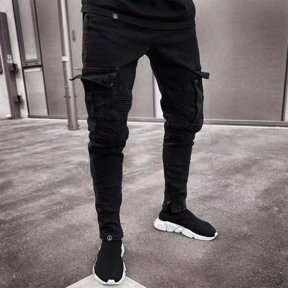 Fashion Streetwear Ripped Skinny Jeans Men Side Mulit Pockets Denim Cargo Pants Slim Fit Pantalones Hombre Soft Elastic Joggers