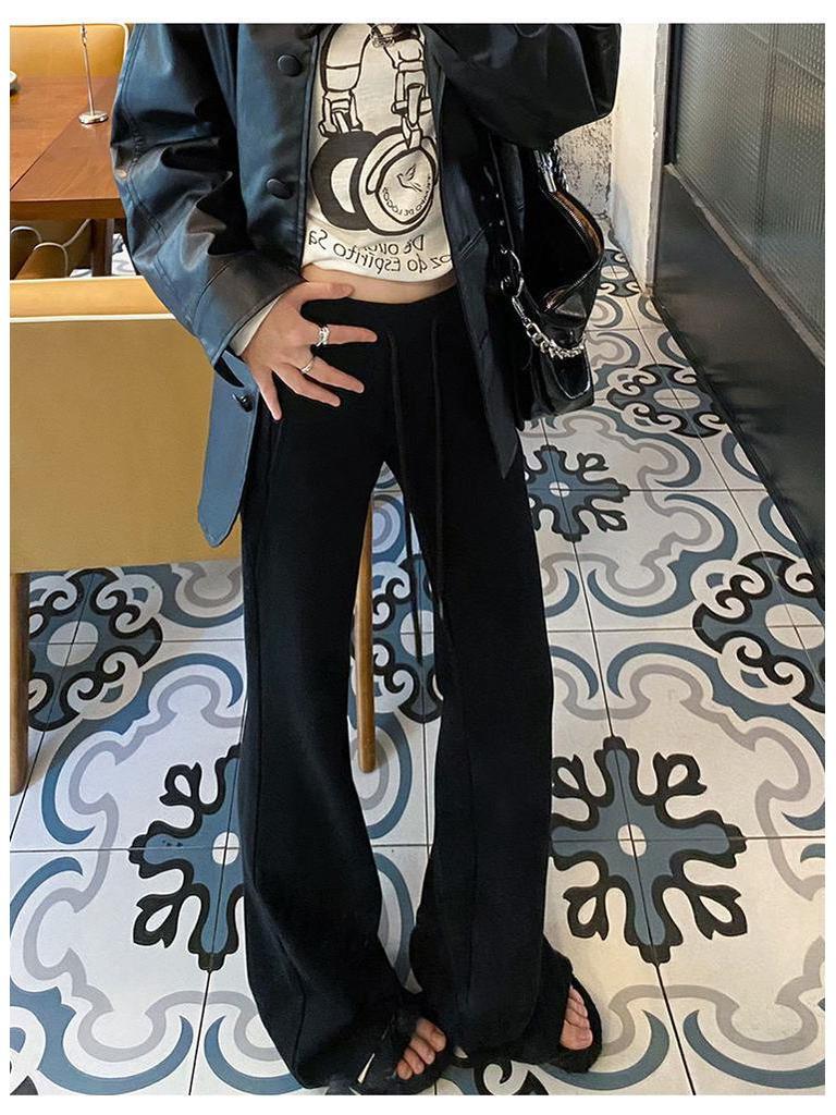 Women's Gray Low-Waist Flare Pants - 2025 Spring Drawstring Casual Slimming Straight Leg Trousers