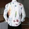 Camisa de Hombre con Cuello Blanco Multicolor Acuarela Hierba Silvestre Estampado Floral Manga Larga Botones Arriba