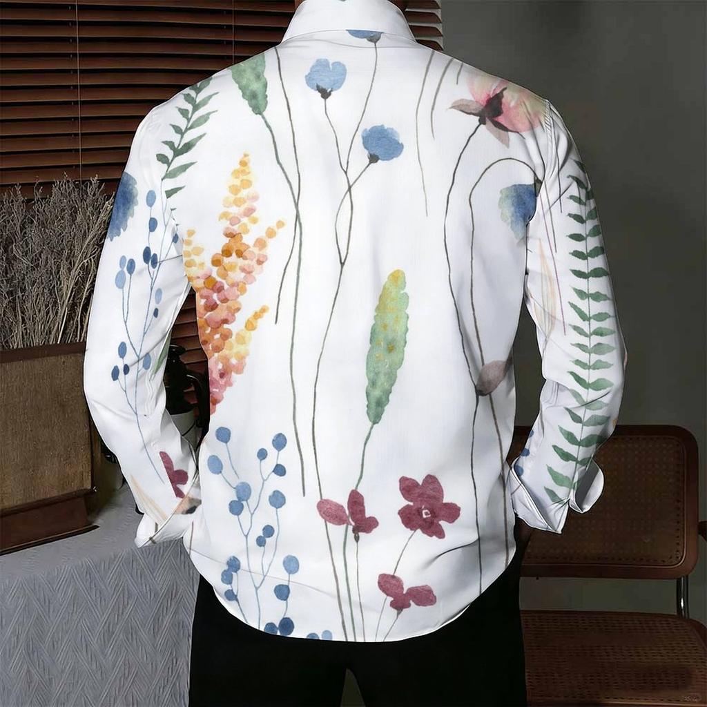 Camisa de Hombre con Cuello Blanco Multicolor Acuarela Hierba Silvestre Estampado Floral Manga Larga Botones Arriba
