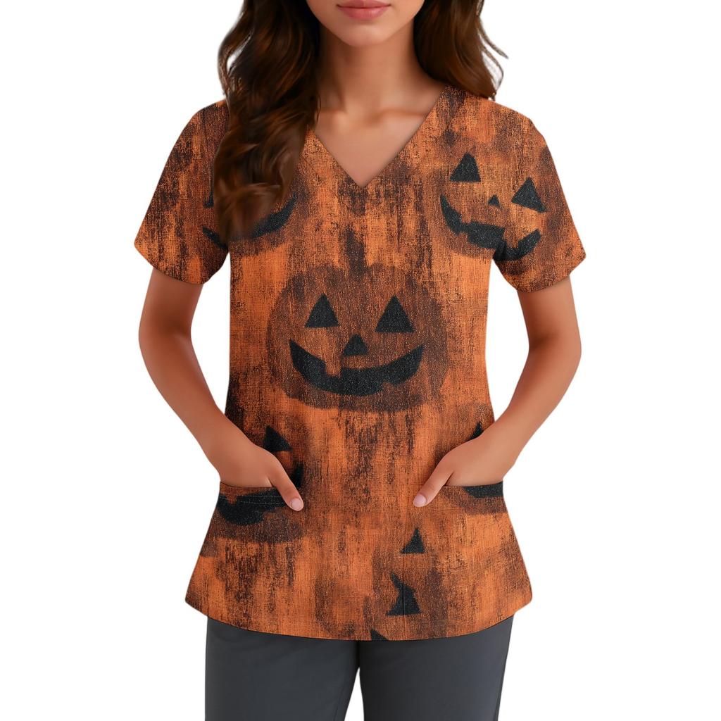 Women V Neck Short Sleeve Work Shirt with Pocket Halloween Printed Top for Nurse Healthcare Uniform Scrub Top