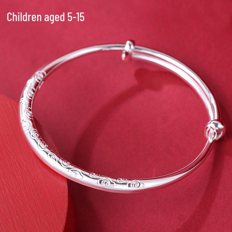Sterling Silver Chinese Auspicious Clouds Child s Bangle Bracelet: Smooth, Adjustable for Ages 5-15 Pure Silver 999