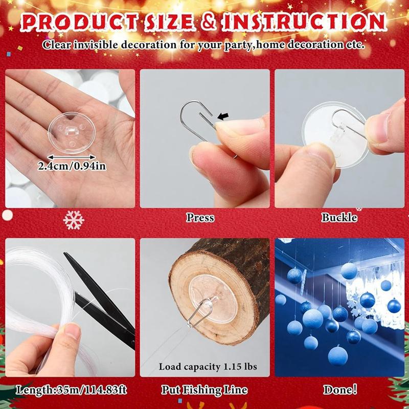 120 Pack Self Adhesive Ceiling Hooks For Hanging Round Hanging Clips With Clear Wire Self Adhesive Sticky Wall Hook