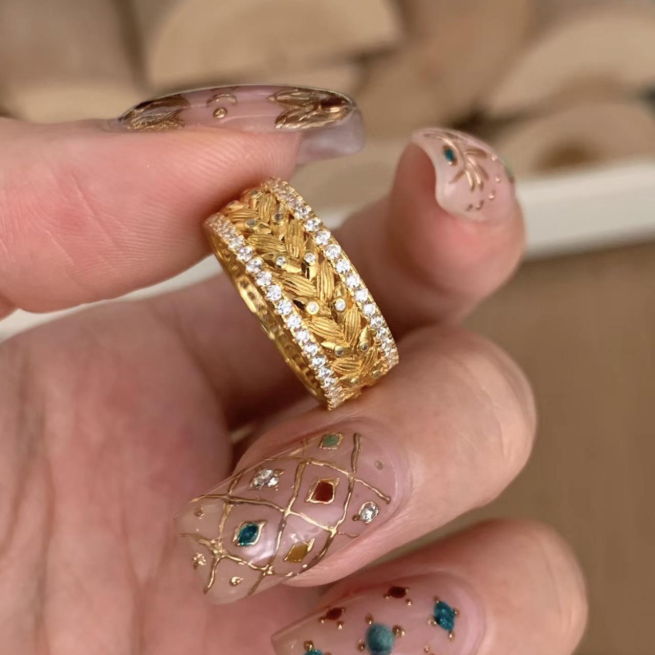 Золотые ветви и нефритовые листья Колосья пшеницы Паспарту Ожерелье Кольцо Высококлассный Изысканный Легкая роскошь Нишевый Стиль Старые деньги Ветер Комплект