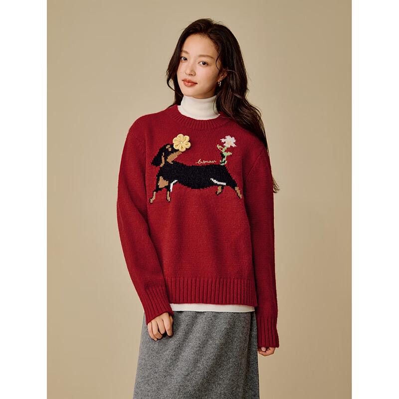 INMAN 2025 Winter Women's Cute Pet Dog 3D Floral Crew Neck Knitted Sweater