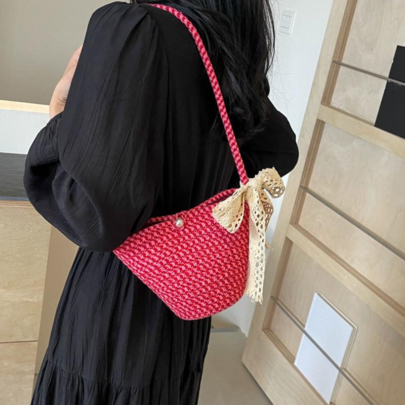 Yogodlns Einfache Streifenwebart Umhängetasche Seilwebart Süße Beuteltasche Schultertasche mit Schleife Strandtasche