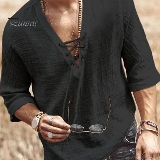 Summer Men Shirt Lace-up V Neck Mid Sleeves Loose Pure Color Pullover Retro Daily Wear Quick Dry Thin Casual Mid Length Top