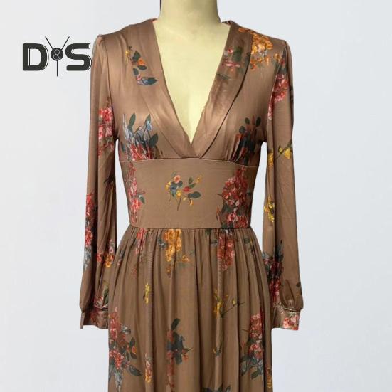 Spring Fall Dress V Neck Digital Floral Print Pleated A-line Maxi Dress Long Sleeves Beach Dress for Party Travel