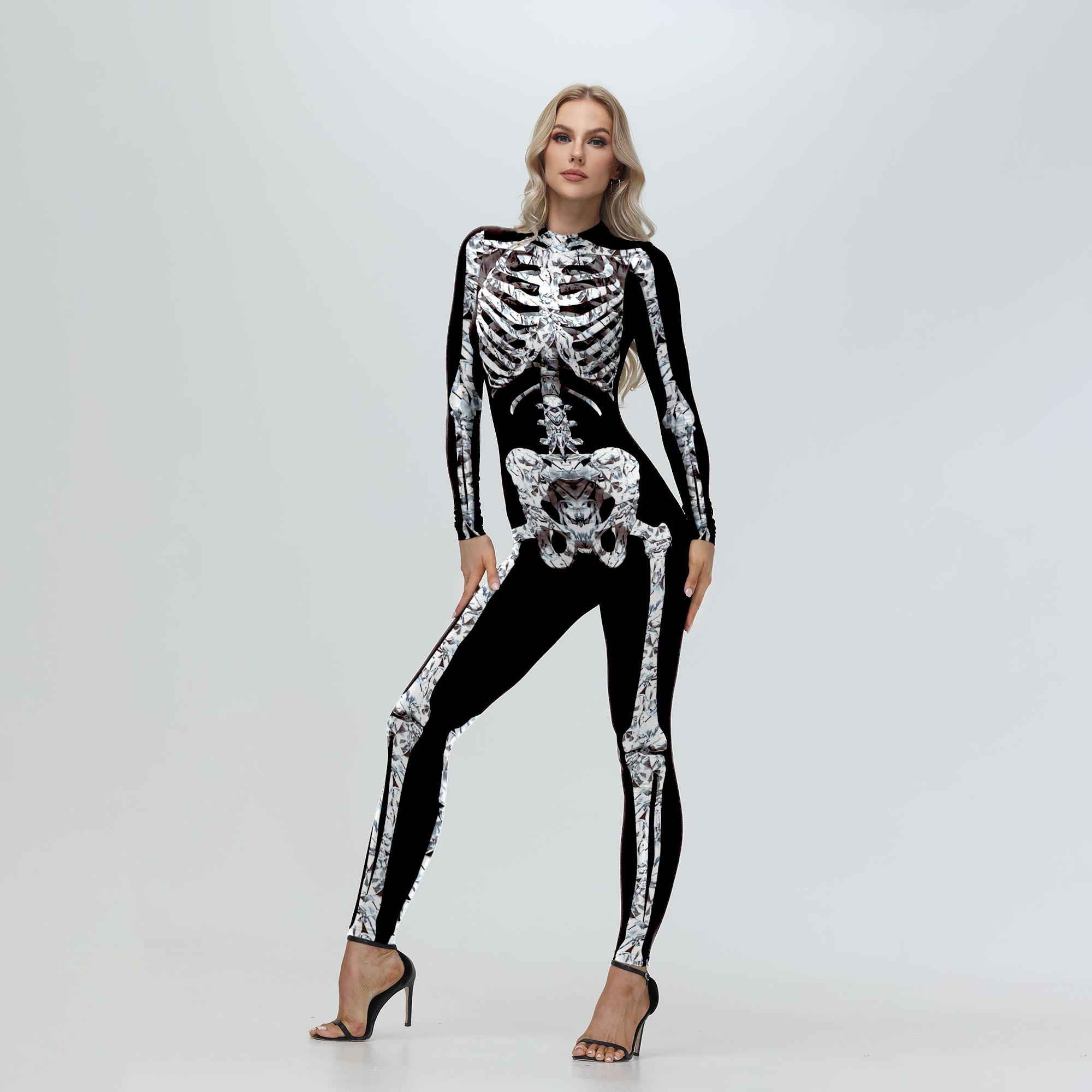 [Je Bent Mijn Geheim] Cosplay Zombie Eng Skelet Bedrukt Bodysuit Halloween Feestkostuum Dames Zenti Jumpsuit Dag van de Doden S black