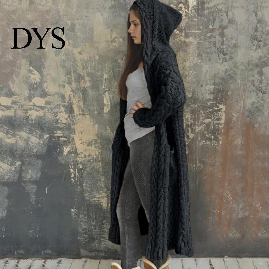 Hooded Coat Women Sweater Jacket with Pockets Mid Length Knitted Twisted Texture Solid Winter Color Long Sleeve Plus Size Thick Daily Commuting