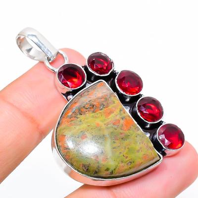 Pendente de Presente em Prata Esterlina 925 com Pedra Preciosa de Unakita Natural e Granate 2,01" t5c59