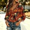 Women's Halloween Print V-Neck Ruffle Blouse with Tie Front and for Party
