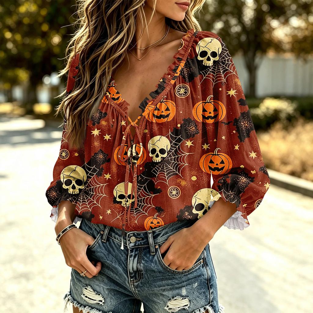 Women's Halloween Print V-Neck Ruffle Blouse with Tie Front and for Party