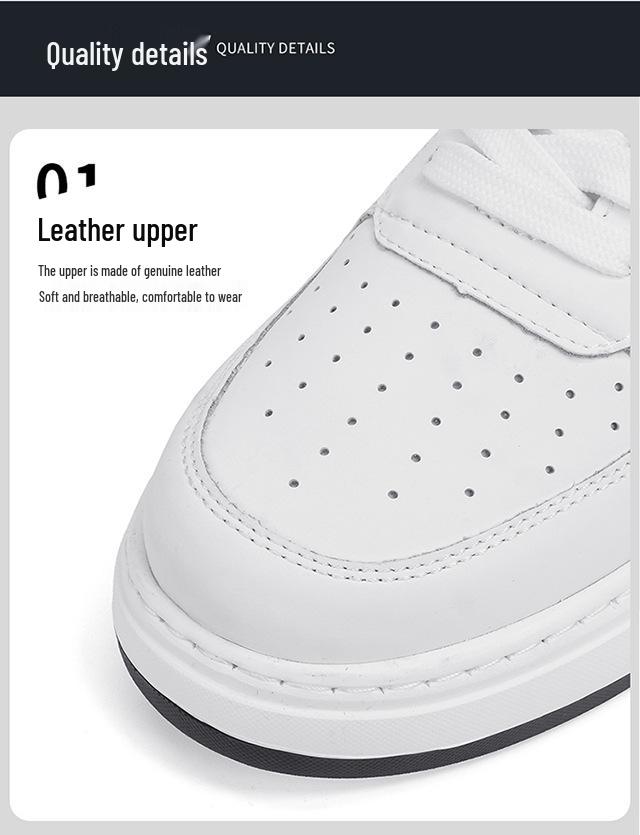 Men's 6cm Height-Increasing Breathable White Leather Sneakers