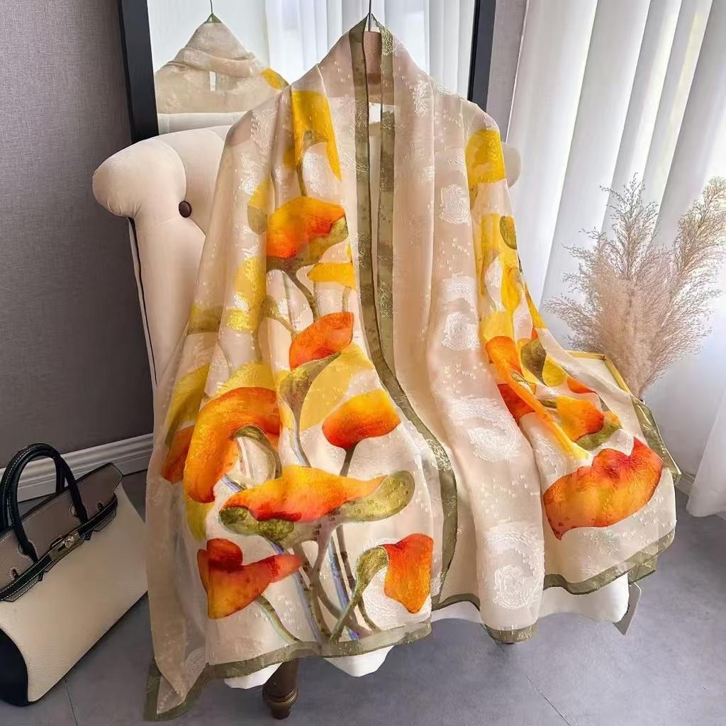 180 * 90 High-End Single-Sided Cut Dill Long Shawl Retro Chinese Style Ancient Charm Elegant Silk Scarf Dunhuang