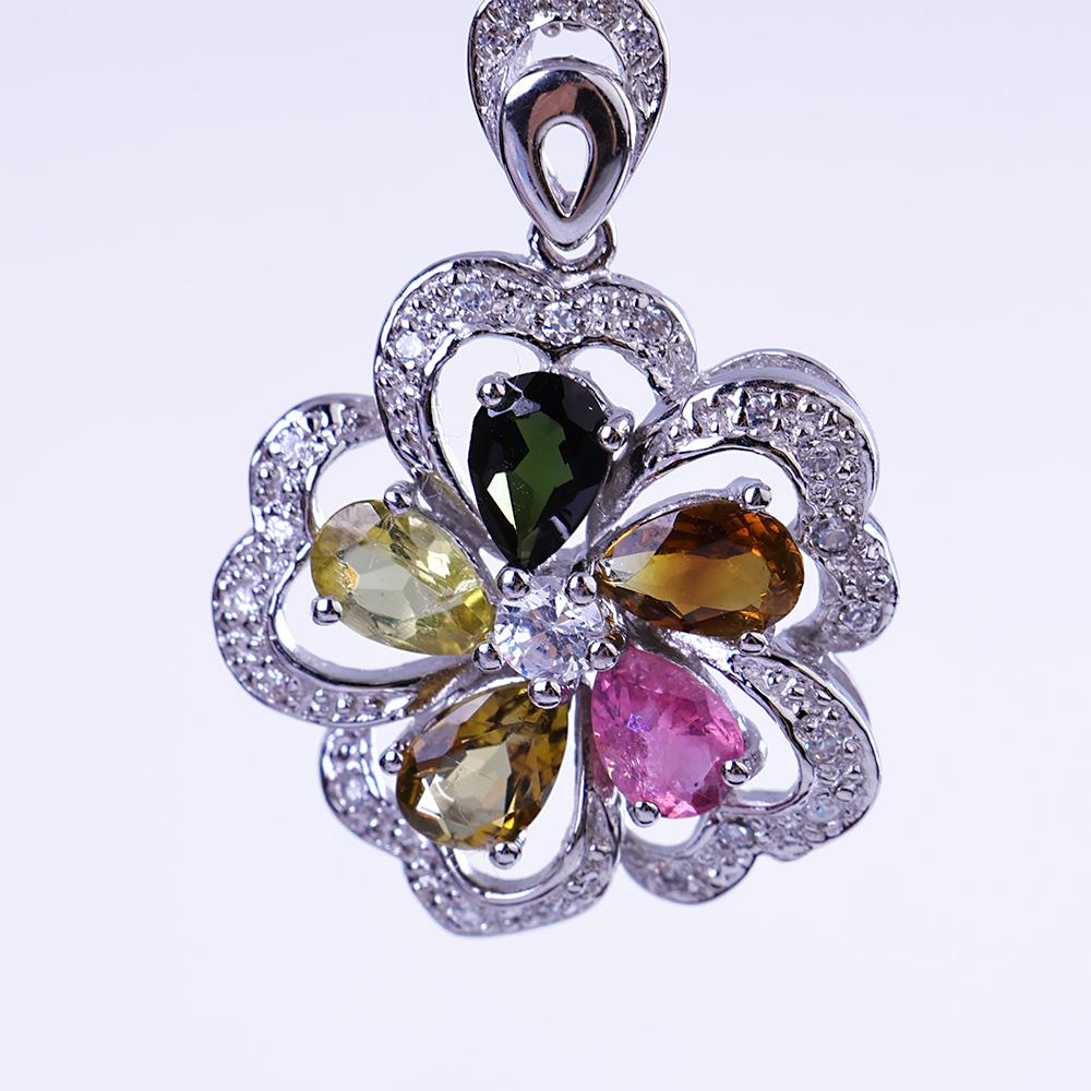 Rainbow Tourmaline Flower Pendant Necklace in