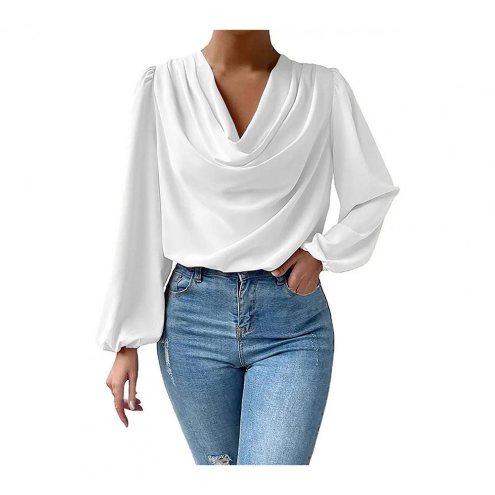 Chiffon Women Shirt Draping Piled Collar Lantern Sleeves Pullover Tops Solid Color Loose Fit Commuting Top Daily Wear