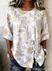 European and American summer new women's tops, shirts, geometric printing buttons, drawstrings, half-sleeved tops, T-shirts, women's clothing