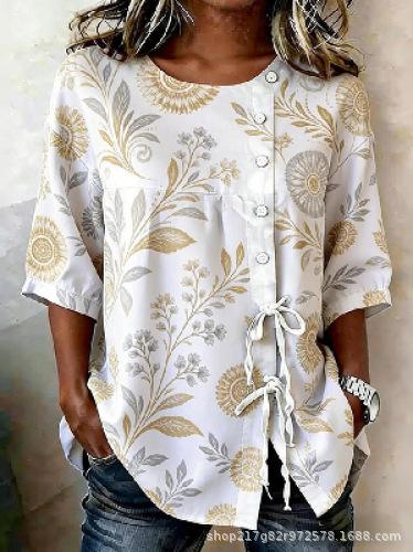 European and American summer new women's tops, shirts, geometric printing buttons, drawstrings, half-sleeved tops, T-shirts, women's clothing