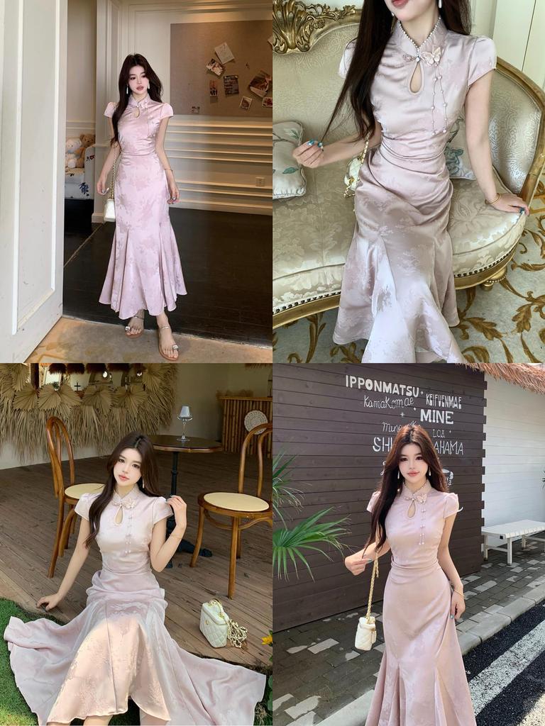 Plus Size Women's Summer Stand Collar Jacquard Slim Fit Qipao
