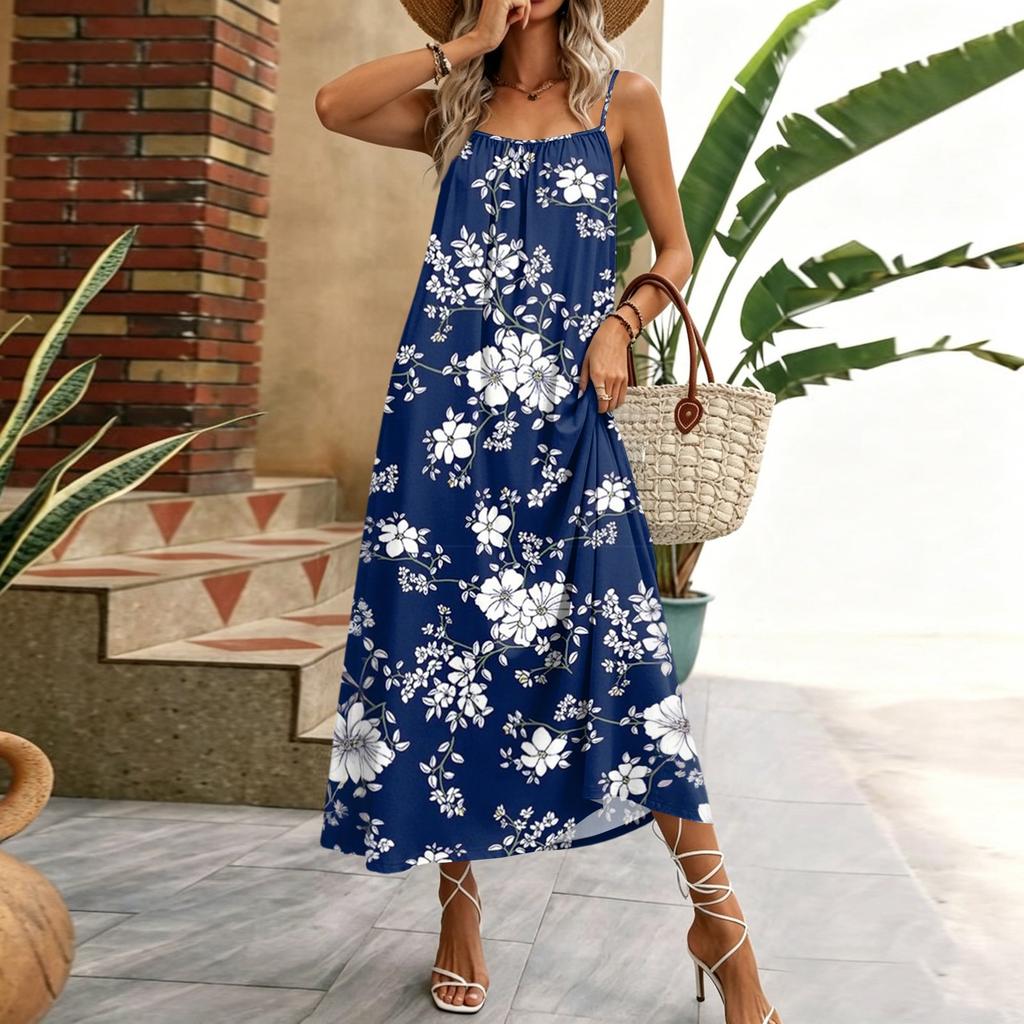 Damen ärmelloses Maxikleid mit floralem geometrischem Print, Spaghettiträger, lässiges Haus-Urlaubs-Kleid, leichtes Sommerkleid