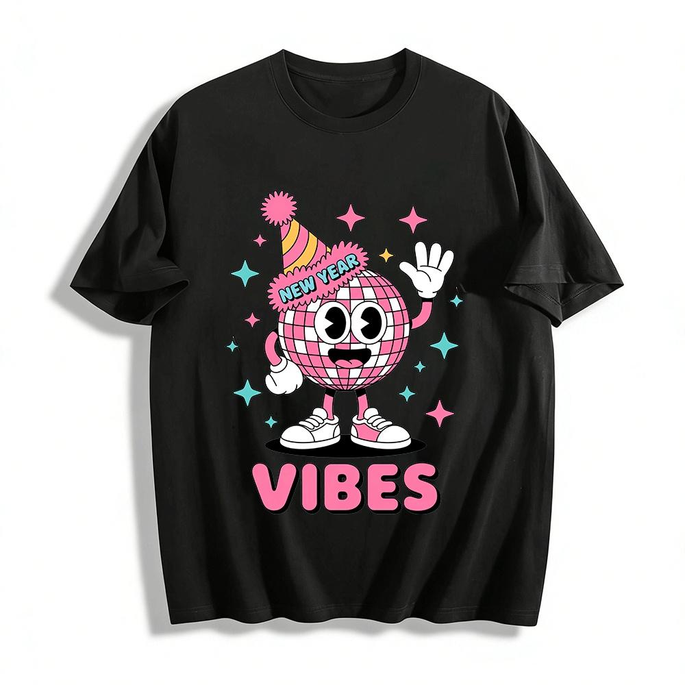New Year Vibes Pink Disco Ball Cartoon Graphic Party Sweatshirt Pure cotton T-shirt XXS