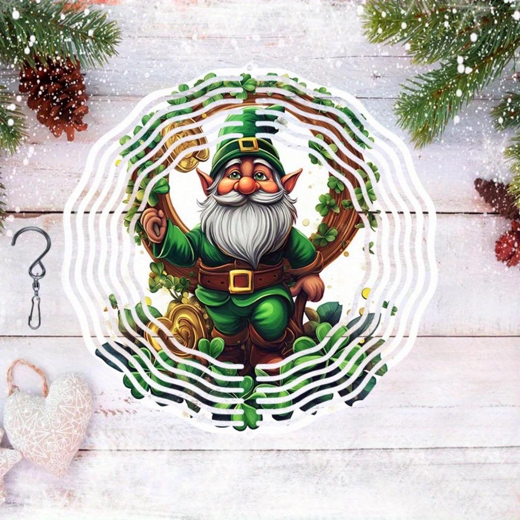 Lucky Gnome Wind Chime with Horseshoe and Clover 2D Rotating Design for Outdoor Garden Yard Decor Universal Holiday Ornament with 360 Degree Hook