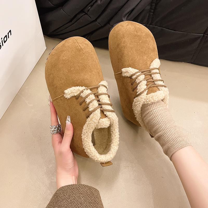 Fashion Winter New Flat Shoes Women's Fashion Round Head Suede Front Lacing Soft Sole Anti-slip Wear-resistant Low-top Shoes