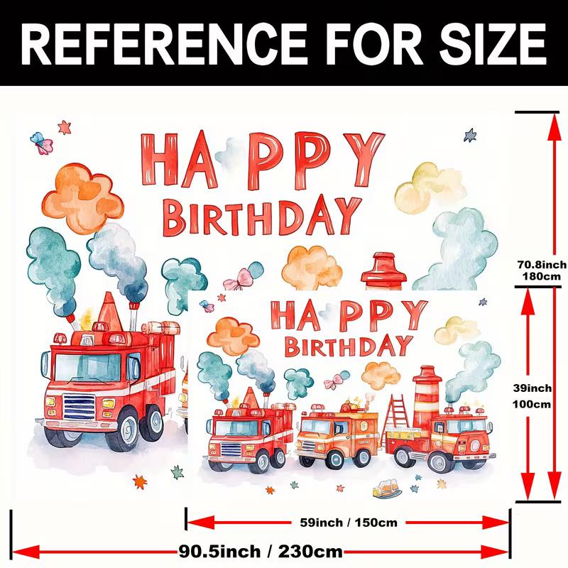 2D Red Fire Truck Birthday Backdrop Watercolor Style Party Decoration
