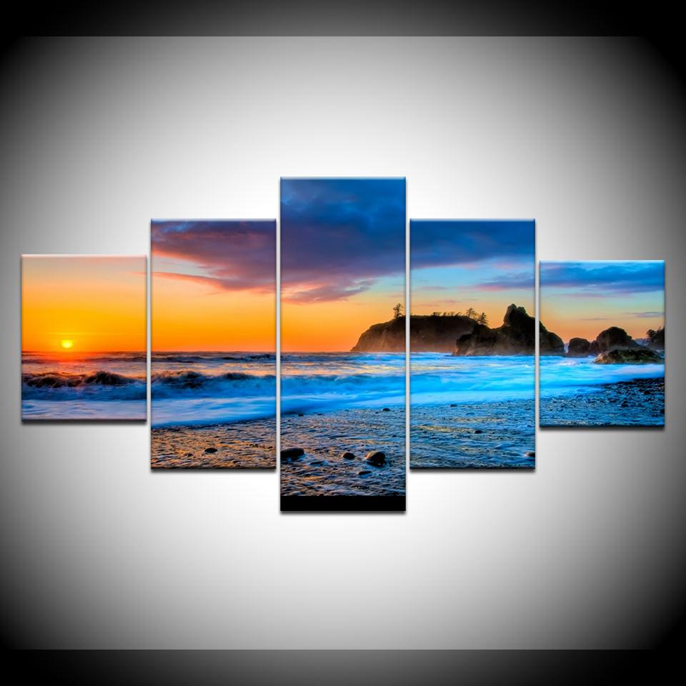 

Холст Картины Гостиная Стены Искусства Рамки 5 Шт. Закат Свечение Пляж Морские Волны Плакат HD Печать Фотографии Морского Пейзажа Домашний Декор Без Рамки 20x35cm*2 20x45cm*2 20x55cm*1