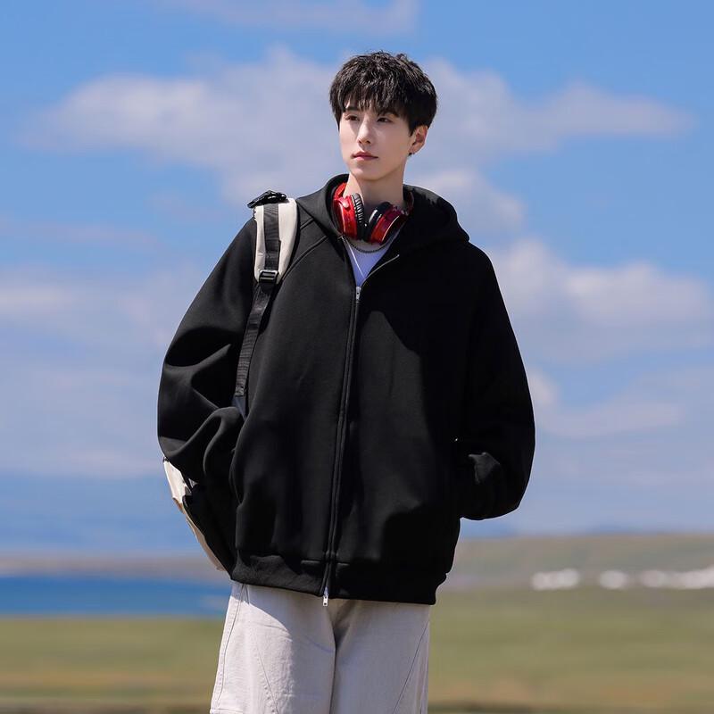 Men's American Style Heavyweight Loose Fit Hooded Zip-Up Cardigan Sweatshirt