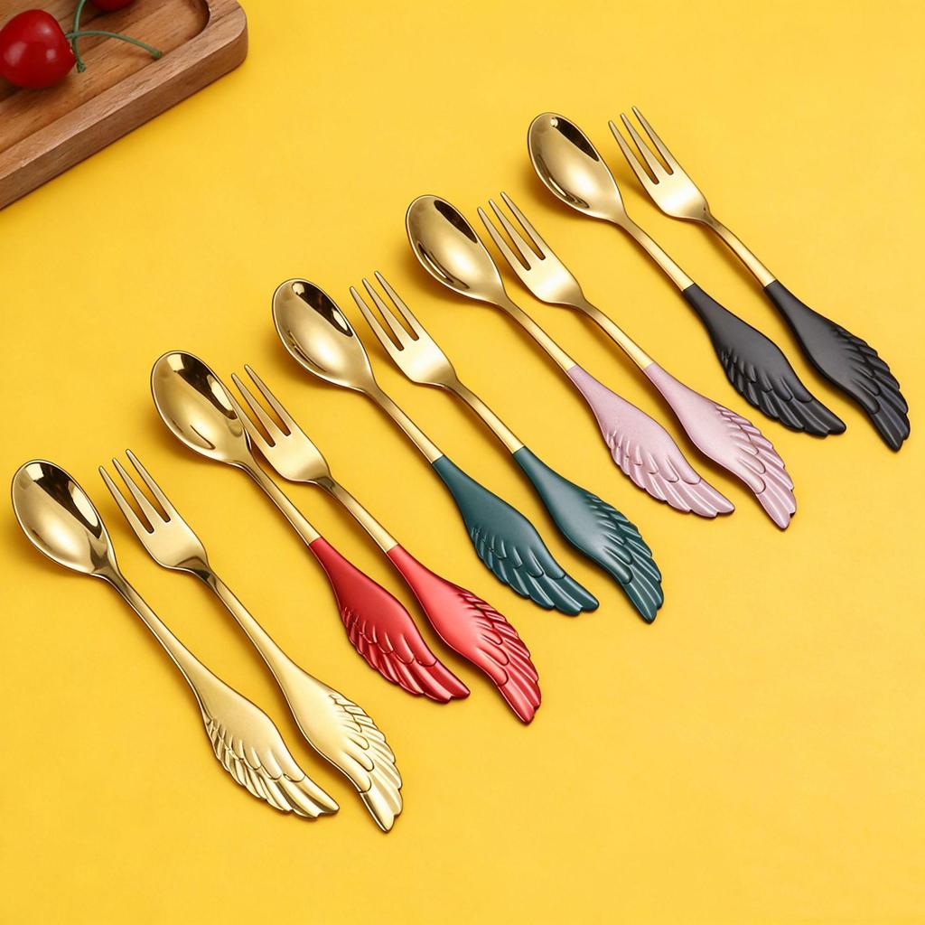 Creative 304 Stainless Steel Wing Spoon & Fork Set - 2-Piece for Dessert, Coffee & Hotels