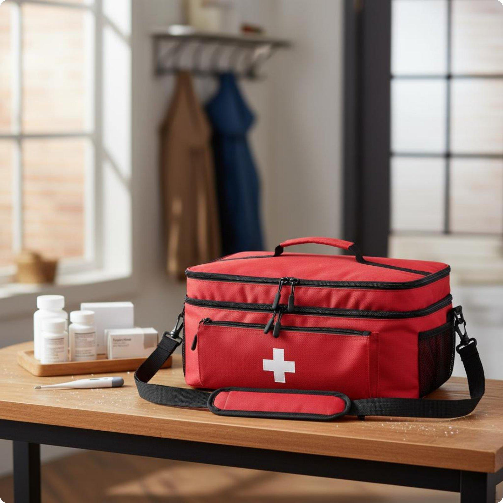 Double Layer Medicine Organizer Waterproof Lining Zippered Bag Multiple Compartments Travel красный