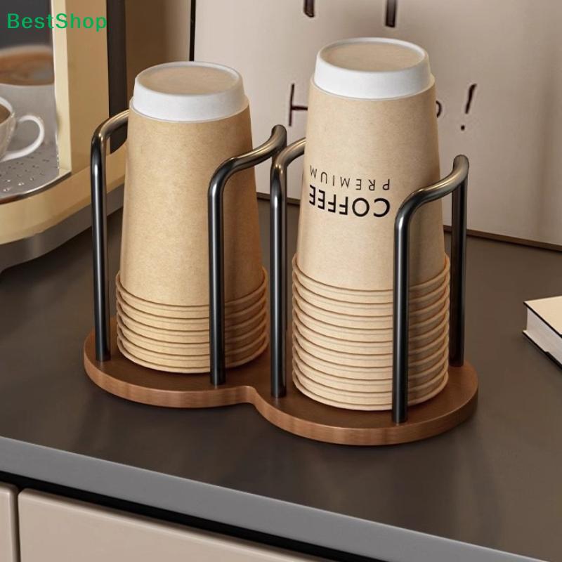 Wooden Base Paper Cup Dispenser, Metal Frame Disposable Cup Holder for Countertop