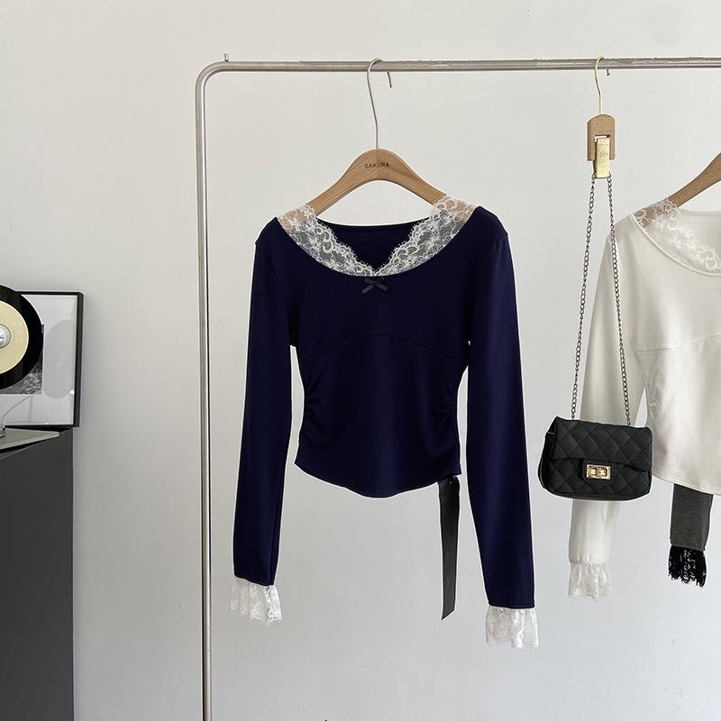 

2024 Autumn/Winter French Lace V-Neck Flannel Long-Sleeve Women s Top One Size синий