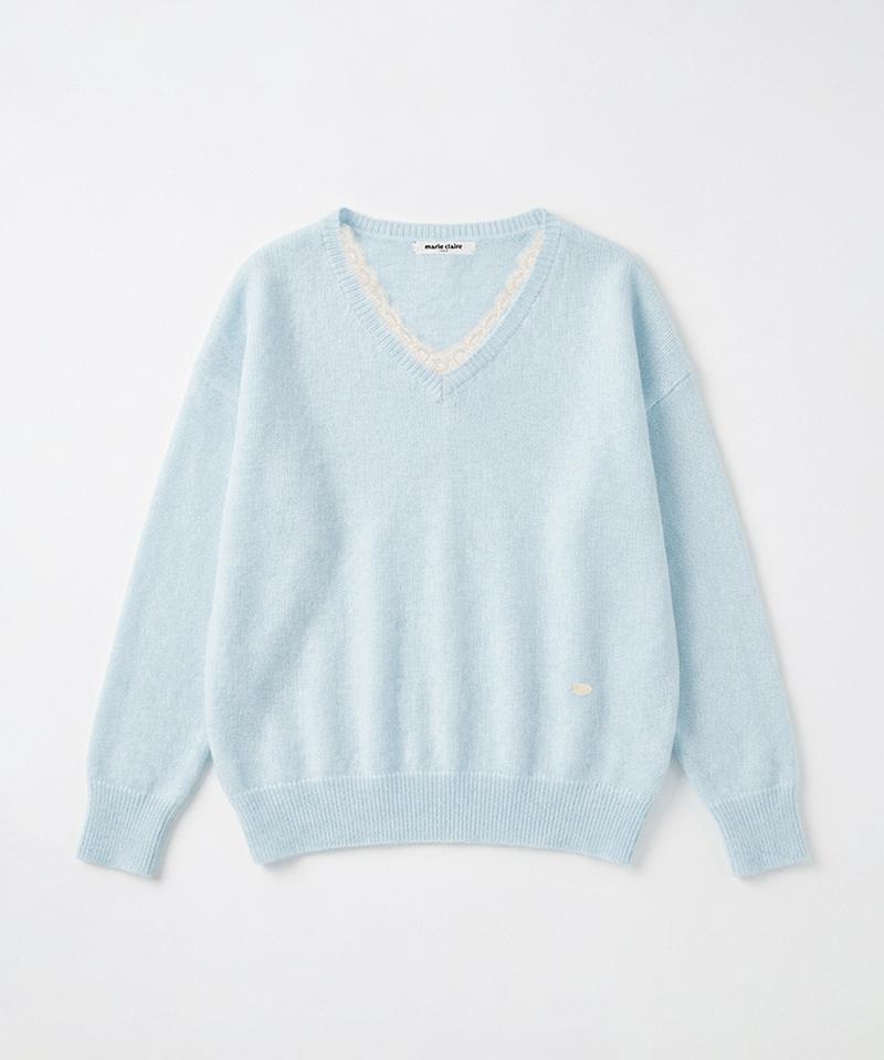 MARIE CLAIRE Rose Lace Wool V-Neck Knit (Magakn10Msb)