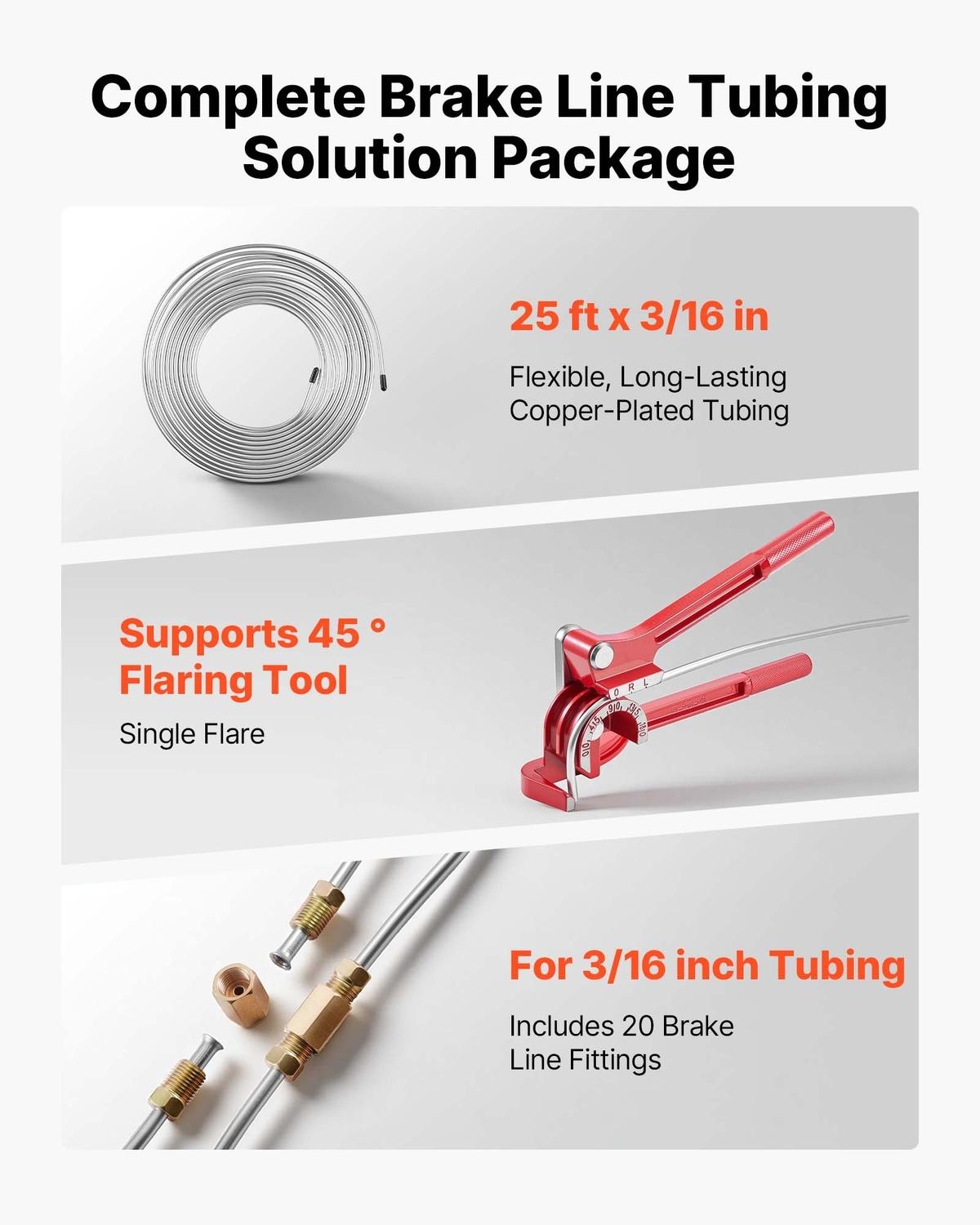 Kit de réparation de conduites de frein, Kit d'outil d'écrasement de conduite de frein simple à 45°, Conduite de frein cuivrée de 7,6 m x 4,76 mm avec 20 raccords et 2 raccords droits, Cintreur de tube 3-en-1,