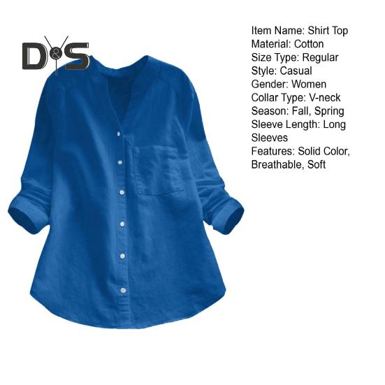 Dame vår høstskjorte topp ensfarget løs passform pustende stoff V-hals lange ermer Single-breasted Casual Top Streetwear